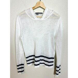 360 Sweater Linen Loose Knit Sweater Top Size M Hood White Black Stripe Pullover